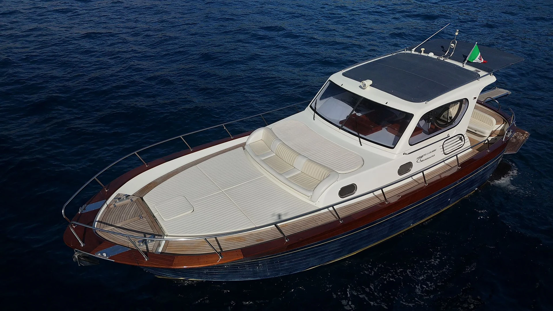 Jeranto 45 classic Sorrentine gozzo, top-down with teak deck